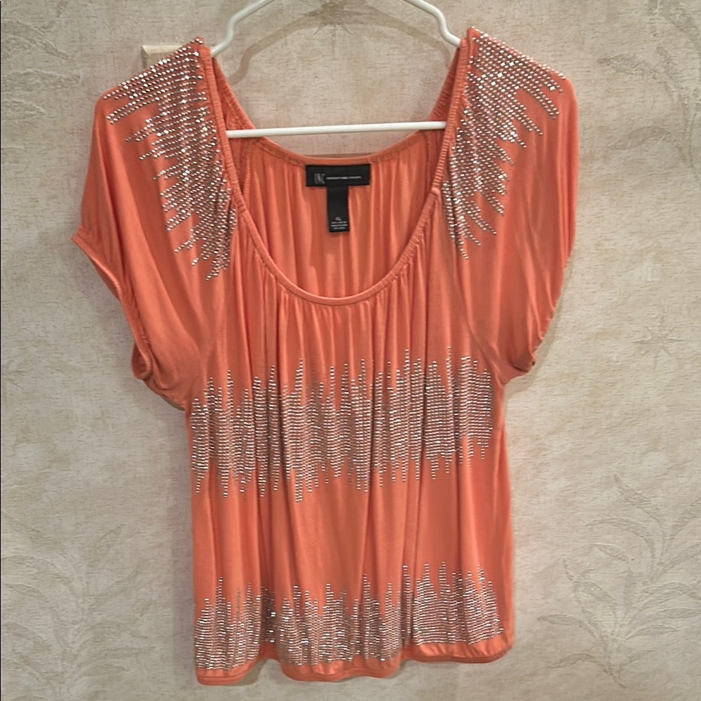 INC International Concepts orange Graphic Embellished Blouse
